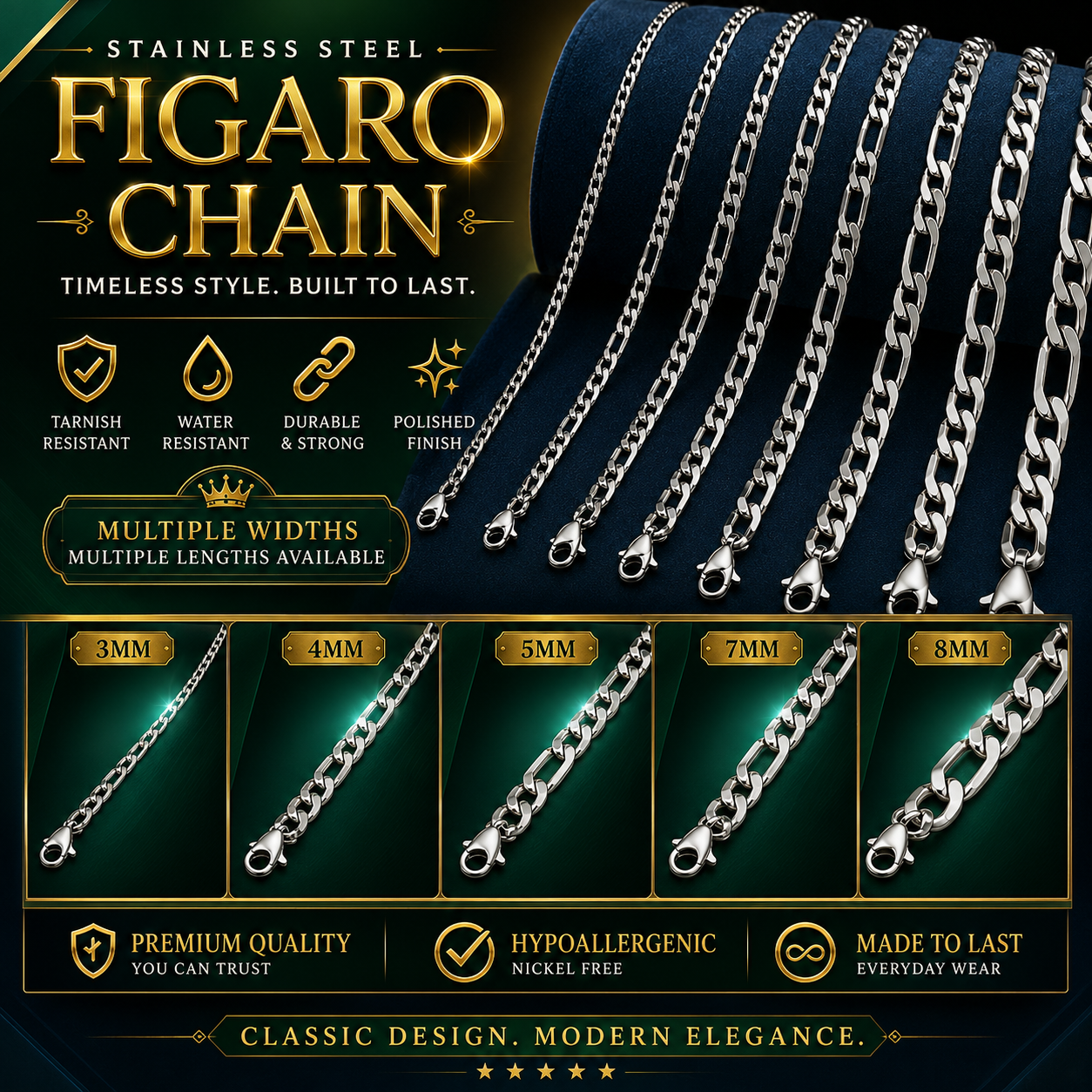 Figaro Chain Necklace Stainless Steel β Multiple Sizes Available