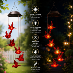 Solar Cardinal Wind Chimes for Outside – Color Changing LED Red Bird Garden Decor