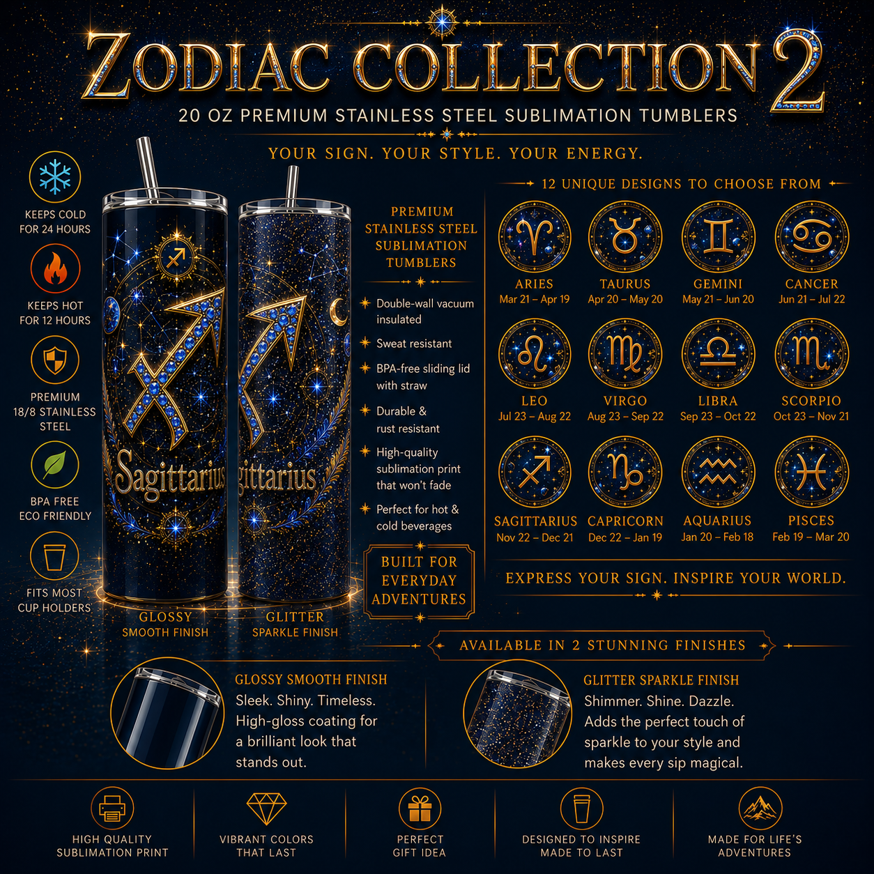 Zodiac Astrology Design, Blue and Gold, 20 oz Skinny Tumbler with Lid & Straw ♈♉♊♋♌♍♎♏♐♑♒♓