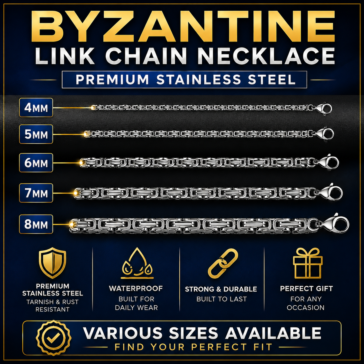 Stainless Steel Square Byzantine Link Chain Necklace – 4mm to 8mm