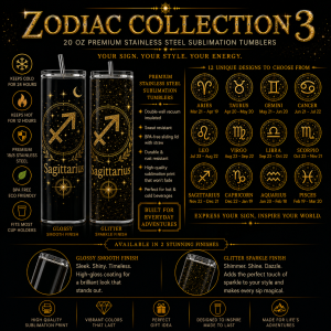 Zodiac Astrology Design, Black/Gold, 20 oz Skinny Tumbler with Lid & Straw ♈♉♊♋♌♍♎♏♐♑♒♓