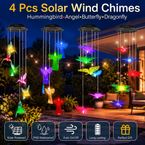 🌞 4-Piece Solar Wind Chime Set – Hummingbird, Butterfly, Dragonfly & Angel