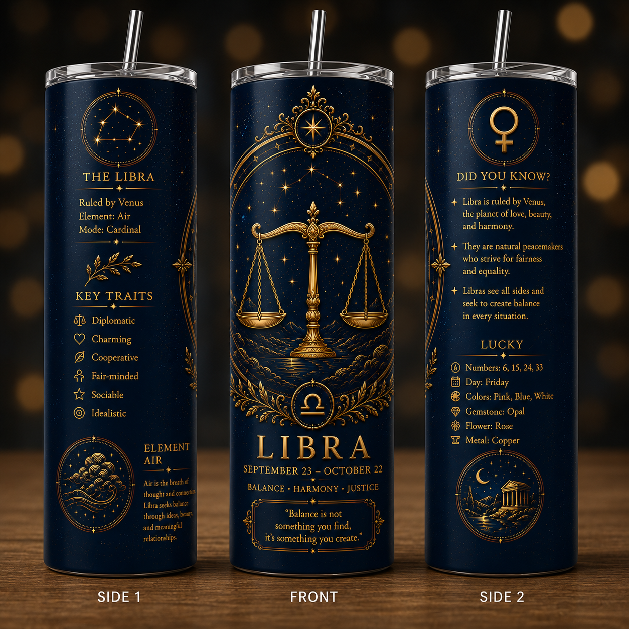 DK Blue Zodiac Astrology Design 20 oz Skinny Tumbler with Lid & Straw ♈♉♊♋♌♍♎♏♐♑♒♓. - Image 7