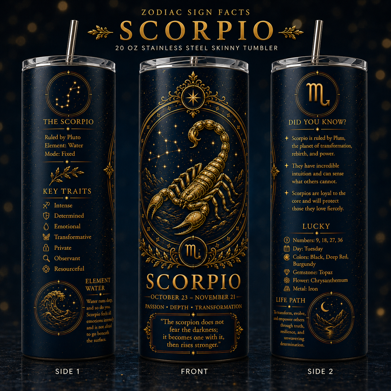 DK Blue Zodiac Astrology Design 20 oz Skinny Tumbler with Lid & Straw ♈♉♊♋♌♍♎♏♐♑♒♓. - Image 4