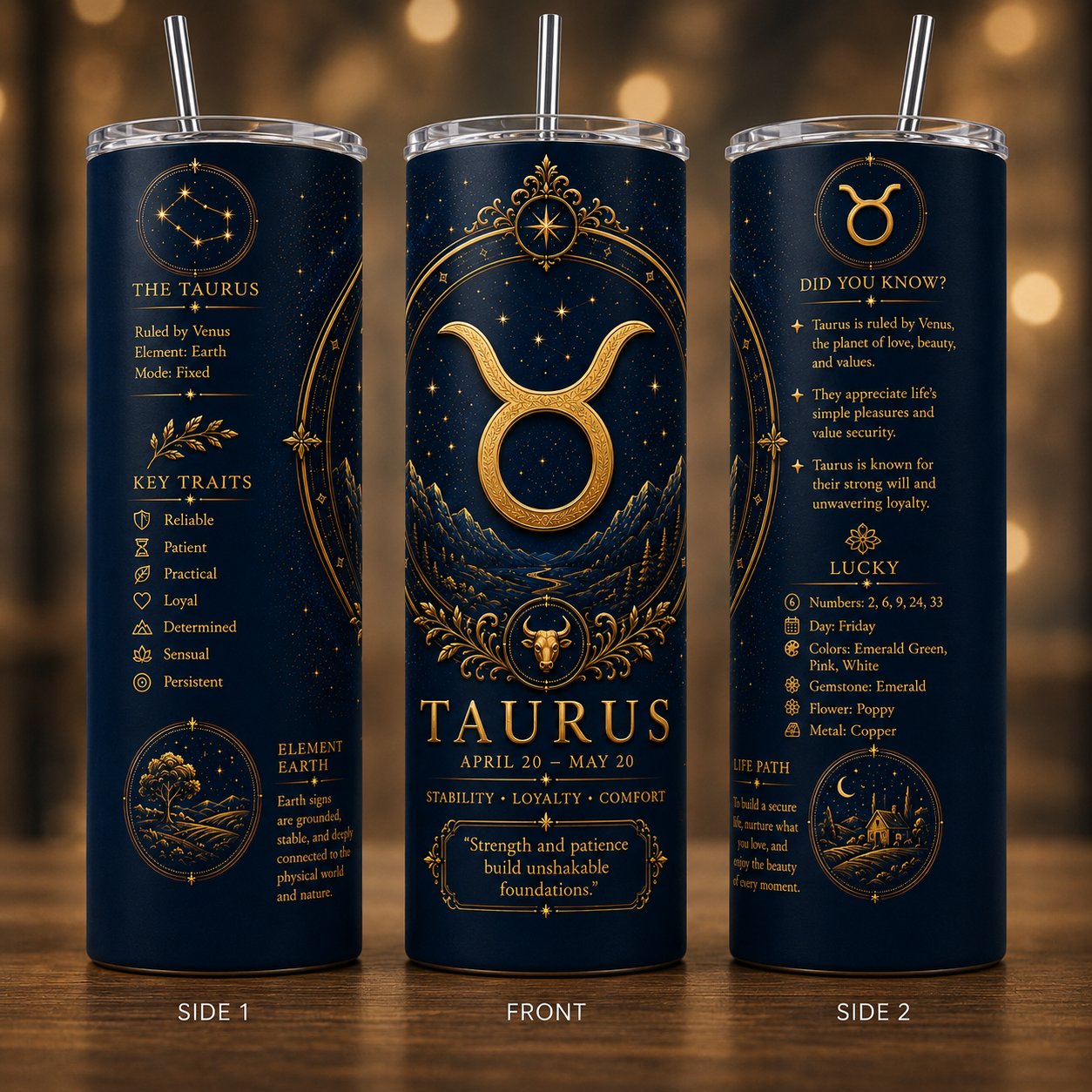 DK Blue Zodiac Astrology Design 20 oz Skinny Tumbler with Lid & Straw ♈♉♊♋♌♍♎♏♐♑♒♓. - Image 3