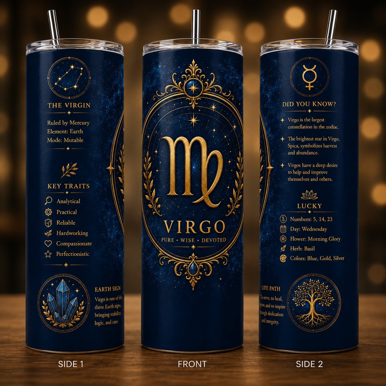 DK Blue Zodiac Astrology Design 20 oz Skinny Tumbler with Lid & Straw ♈♉♊♋♌♍♎♏♐♑♒♓. - Image 2