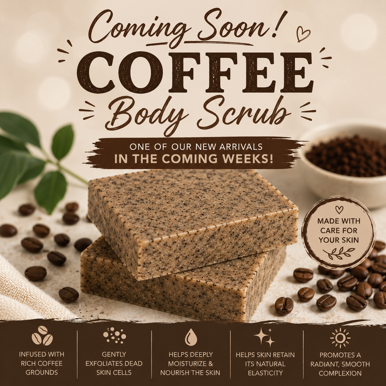 coffee scrub bar ☕✨ Coffee Body Scrub ✨☕
Wake up your skincare routine with Coffee Body Scrub! Crafted to deeply moisturize and nourish your skin, this luxurious body scrub gently exfoliates to help remove dead skin cells while leaving your skin feeling smooth and refreshed.
☕ Infused with rich coffee grounds
🫧 Gently exfoliates dead skin cells
💧 Helps deeply moisturize and nourish the skin
✨ Helps skin retain its natural elasticity
🤎 Promotes a radiant, smooth complexion